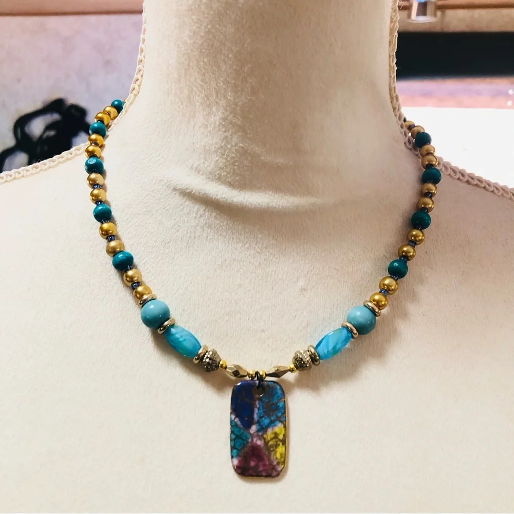 Handcrafted repurpose vintage 80s stained glass porcelain pendant bead necklace